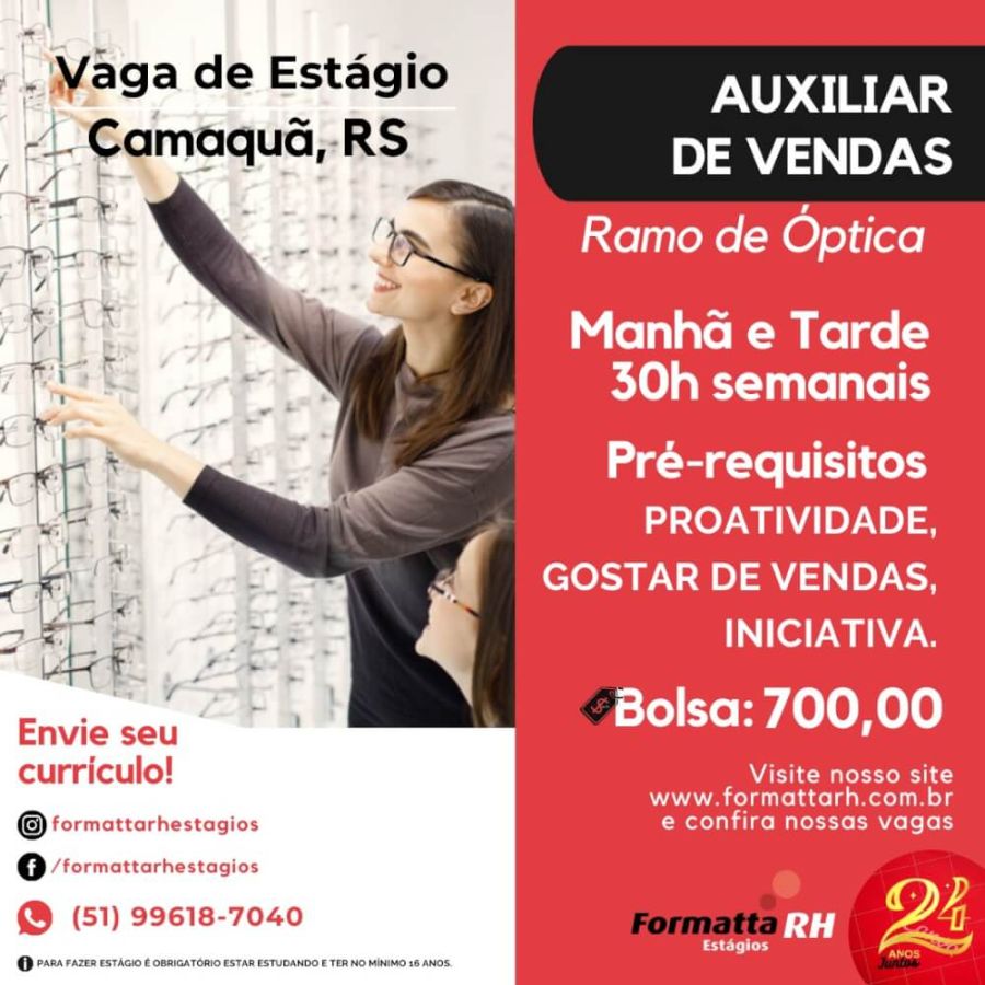 NOVAS OPORTUNIDADES DE ESTÁGIO PARA ESTUDANTES EM CAMAQUÃ/RS NO RAMO DE VENDAS