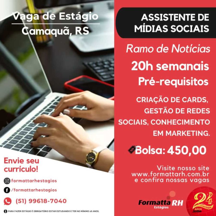 NOVAS OPORTUNIDADES DE ESTÁGIO PARA ESTUDANTES EM CAMAQUÃ/RS - RAMO MÍDIAS SOCIAIS