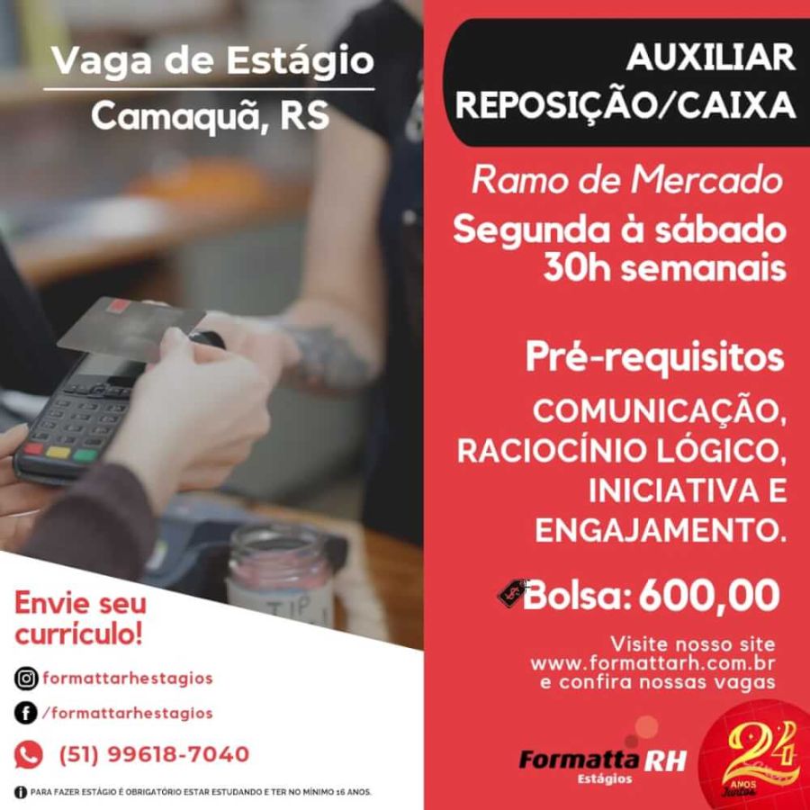 ATENÇÃO PARA AS NOVAS VAGAS DE ESTÁGIO PARA CAMAQUÃ,RS! (14/12/2023)