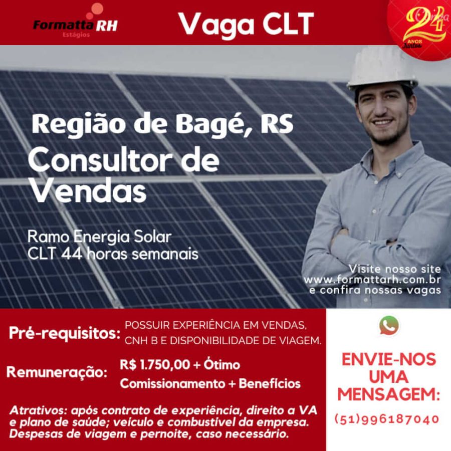 RAMO DE ENERGIA SOLAR  BUSCA CONSULTOR DE VENDAS NAS CIDADE DE BAGÉ, RS E REGIÃO